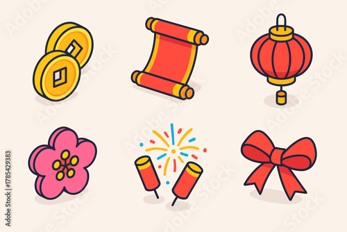 Lunar New Year Icons. Lunar New Year Festive Ornaments modern flat icon set: gold coins, red scroll, hanging lantern, blossom, fireworks, ribbon bow.