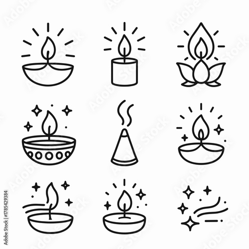 Diwali Sacred Icons. Diwali Sacred Light outline icon set: earthen lamp, candle holder, lotus diya, flame aura, decorated bowl, incense cone, shimmer trail, radiant glow.