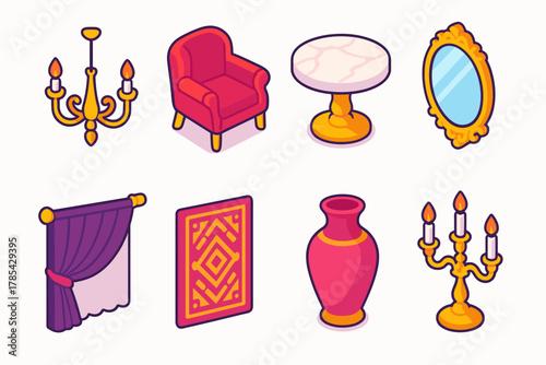 Opulent Interior Icons. Opulent Interior modern flat icon set: chandelier, velvet armchair, marble table, gold-framed mirror, curtain drape, rug pattern, vase, candelabra.