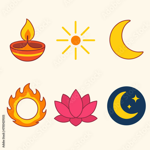 Diwali Icon Set. Diwali Triumph Symbol modern flat icon set: shining diya, spark, crescent moon, flame ring, lotus, night glow.