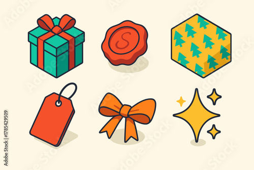 Vibrant Seasonal Icons. Seasonal Packaging modern flat icon set: gift box, wax seal, patterned paper, hang tag, bow ribbon, glitter accent.