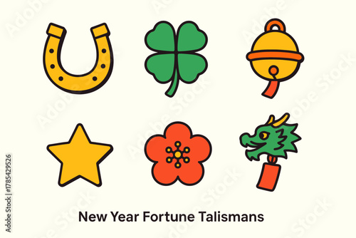Fortune Talisman Icons. New Year Fortune Talismans modern flat icon set: horseshoe, four-leaf clover, wish bell, lucky star, plum blossom, dragon charm.