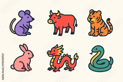 Zodiac Animals Icons. Lunar New Year Zodiac Animals modern flat icon set: rat, ox, tiger, rabbit, dragon, snake.