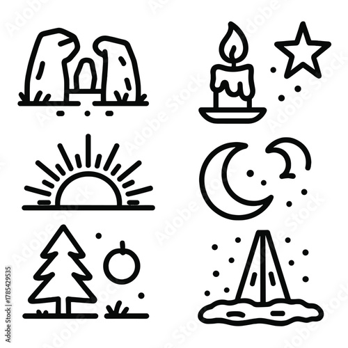 Ancient Winter Ritual Icons. Ancient Winter Ritual outline icon set: standing stones, dawn, candle, snow, star, pine tree, moon, light beam.