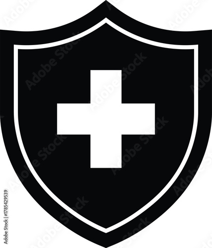 Black shield with white cross symbol on white background medical health