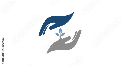 Two hands, one blue and one grey, cradling a small blue plant sprout, symbolizing care, growth, and environmental support.