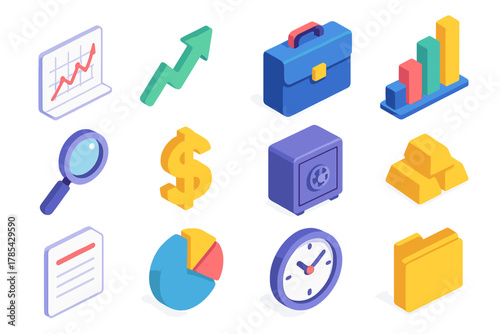 Isometric Finance Icons. Investment Strategy modern flat icon set: stock chart, arrow growth, briefcase, bar graph, magnifying glass, dollar sign, safe box, gold bars, document,