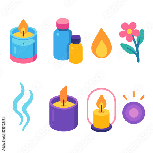 Aromatherapy Candle Icons. Aromatherapy Candles modern flat icon set: scented jar, essential oils, glowing flame, flower sprig, incense smoke, wooden wick, soft light, relaxing