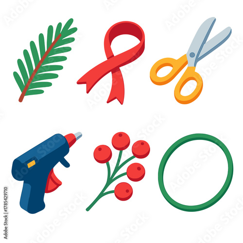 Wreath Making Tools. Wreath Creation modern flat icon set: evergreen branches, ribbon, scissors, glue gun, berries, wire ring.