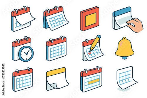 Vibrant Calendar Icons. Calendar flip icons modern flat icon set: desk calendar with turning page, wall calendar in motion, single date square, hand flipping page, clock beside