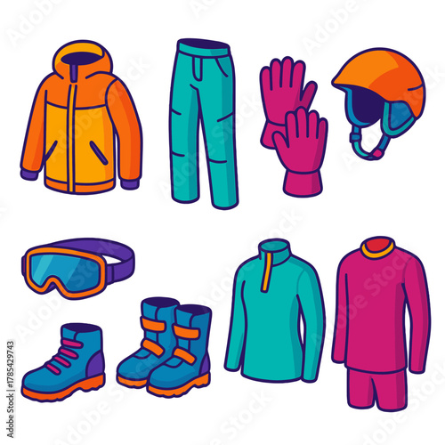 Vibrant Snow Gear Icons. Mountain Snow Gear modern flat icon set: ski jacket, insulated pants, snow gloves, helmet, goggles, boots, fleece layer, thermal base.