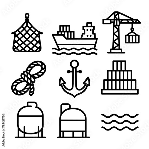 Industrial Port Icons. Industrial Port outline icon set: cargo net, shipping vessel, tower crane, container stack, rope, anchor, storage tank, wave.