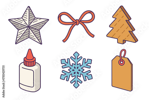 Recycled Holiday Icons. Recycled Holiday Art modern flat icon set: newspaper star, twine bow, cardboard tree, glue bottle, paper snowflake, tag.