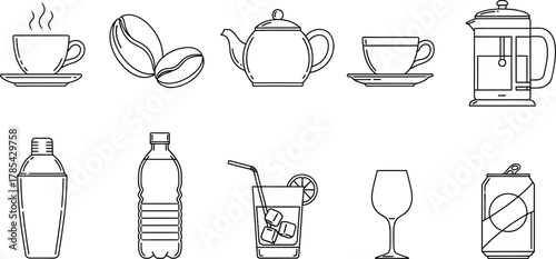 Collection of beverage icons including coffee cup, teapot, french press, shaker, water bottle, cocktail, wine glass, and soda can, isolated on white background
