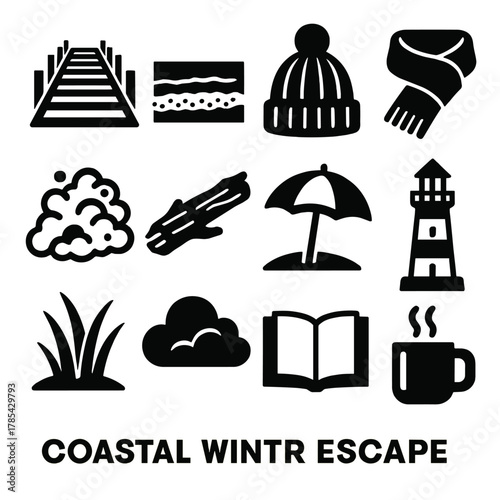 Coastal Icon Set. Coastal Winter Escape bold vector icon set: boardwalk, ocean horizon, wool hat, scarf, sea foam, driftwood, beach umbrella, lighthouse, book, coffee mug, dune