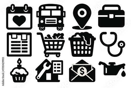 Family Winter Icons Set. Family winter logistics planner bold vector icon set: shared calendar with heart, school bus with snow tires, pickup/dropoff location pin, lunchbox, chore