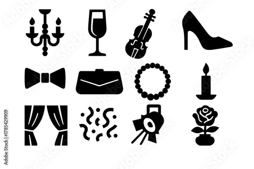 Brutalist Gala Icons. Elegant Gala Night Set bold vector icon set: chandelier, champagne glass, violin, high heel, tuxedo bow tie, clutch purse, pearl necklace, candlelight, velvet