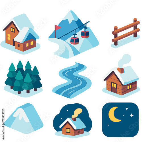 Winter Mountain Icons. Mountain Village Winter modern flat icon set: alpine houses, snowy slope, ski lift in distance, wooden fence, forest edge, icy road, cabin smoke, moonlit sky