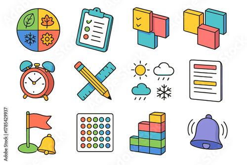 Colorful Seasonal Planner Icons. Seasonal planner layout icons modern flat icon set: four seasons wheel, monthly calendar grid, checklist clipboard, sticky notes, alarm clock,