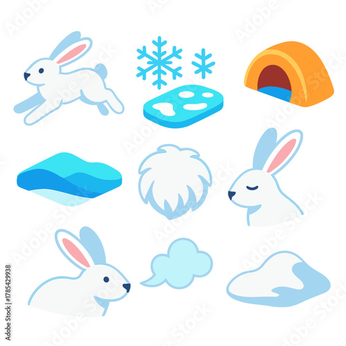 Winter Hare Icons. Winter Hares modern flat icon set: jumping hare, snowflakes, icy meadow, burrow entrance, distant hills, soft fur, frosty breath, snow drift.