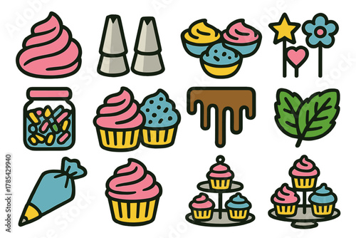 Brutalist Cupcake Icons. Cupcake Creations bold vector icon set: whipped frosting swirl, piping nozzles, colored icing bowls, decorative toppers, sprinkles jar, frosted cupcakes,