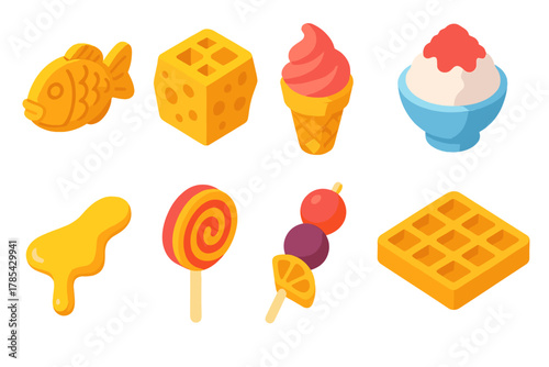 Vibrant Sweet Treats. Sweet Treats modern flat icon set: bungeoppang fish pastry, honeycomb toffee, ice cream cone, shaved ice bowl, waffle, syrup drizzle, candy stick, fruit