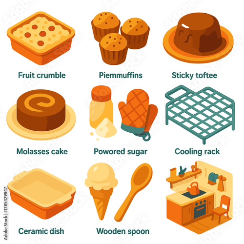 Cozy Kitchen Treats. Warm Bakes modern flat icon set: fruit crumble, spiced muffins, sticky toffee pudding, baked custard, molasses cake, powdered sugar, oven mitts, cooling rack,