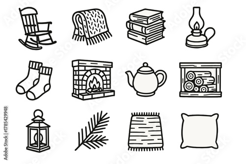 Rustic Reading Nook Icons. Rustic reading nook icons outline icon set: wooden rocking chair, knitted throw, old books stack, oil lamp, wool socks, fireplace corner, tea pot, log