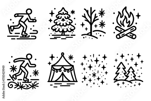 Frozen Lake Festival. Frozen Lake Festival outline icon set: people skating, frosted trees, icy patterns, glowing lights, bonfire, mug of cocoa, festival tent, sparkling snow.