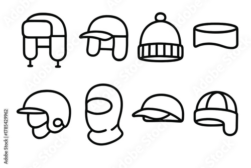 Winter Headwear Icons. Outdoor Winter Headwear outline icon set: trapper hat, earflap cap, ski beanie, fleece headband, snowboarding helmet, balaclava, visor cap, insulated liner.