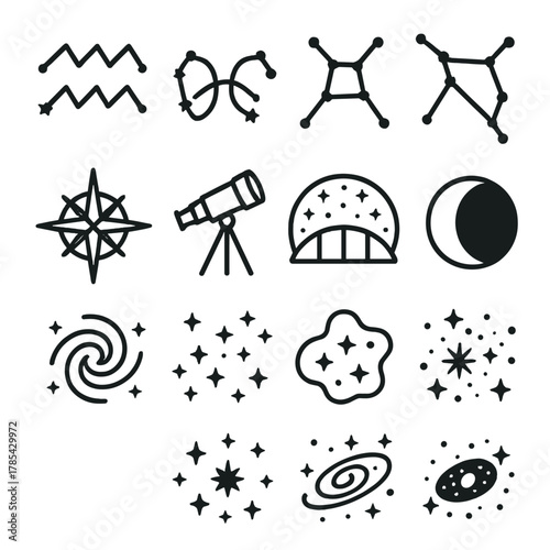 Celestial Constellation Icons. Constellation Chart outline icon set: zodiac signs, stars, connecting lines, compass rose, telescope, celestial grid, moon phase, horizon arc, nebula