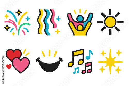 Brutalist Celebration Icons. Bright Celebration bold vector icon set: fireworks, colorful ribbons, happy crowd, shining sun, music notes, joyful hearts, laughter lines, glowing