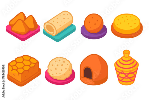 African Cuisine Icons. African Inspirations modern flat icon set: mandazi, injera roll, sweet fritter, millet bread, honeycomb loaf, coconut cookie, clay oven, woven basket.