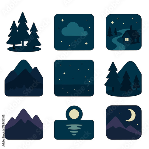 Silent Night Icons. Silent Night Landscape modern flat icon set: tree silhouettes, cloudy sky, faint starlight, calm river, distant cabin, mountain ridge, moon reflection, peaceful