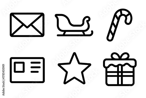 North Pole Icons. North Pole Delivery outline icon set: envelope, sleigh, candy cane, address label, star, snow-covered box.
