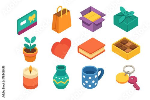 Modern Gift Icons. Modern Gift Ideas modern flat icon set: digital gift card, shopping bag, subscription box, eco-friendly wrapping, plant in pot, donation heart, book, chocolates,