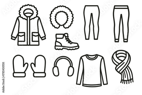 Cozy Winter Icons. Cozy Outdoor Style outline icon set: parka coat, fur-lined hood, warm leggings, waterproof boots, mittens, earmuffs, thermal shirt, knit scarf.