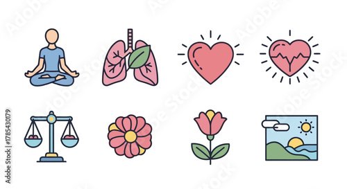 Wellness icons yoga, lungs, heart, scales, flower, nature scene