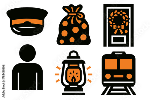 Festive Transit Icons. Festive Transit Hub bold vector icon set: conductor hat, gift bag, wreath door, passenger, lantern glow, train car.