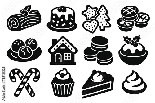 Festive Dessert Icons. Holiday Dessert Table bold vector icon set: yule log, fruitcake, sugar cookies, mince pies, truffles, gingerbread house, macarons, pudding bowl, candy canes,