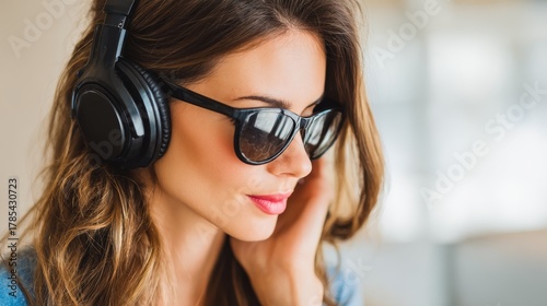 Captivating portrait of woman immersed in digital world listening to music with headphones and browsing smartphone content.