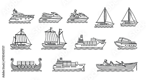 Boats ships yachts line art vector illustration set transportation