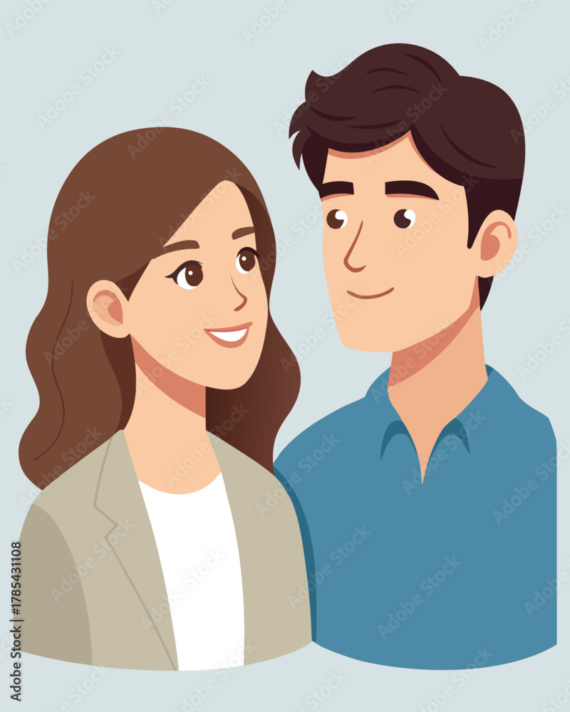 Obraz premium Young Couple Portrait Flat Illustration, Casual Relationship Character Vector