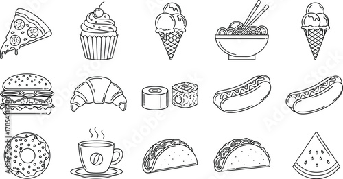 Assortment of popular fast food and sweet treats including pizza, cupcake, ice cream, burger, hot dog, donut, and coffee, isolated on white background