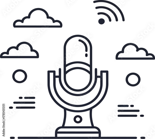 Outline illustration of a microphone with clouds and wifi signal, representing podcasting or broadcasting in the digital age, isolated on white background