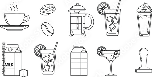 Collection of line art icons representing coffee and drinks, including a cup, beans, french press, cocktails, milk carton, and tamper, isolated on white background