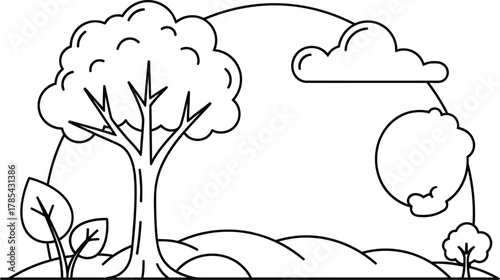 Simple line art illustration of a landscape with a large tree, rolling hills, bushes, and clouds under a large arch, representing nature and growth, isolated on white background