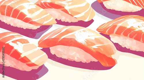 Sushi with salmon and tuna slices with bright lighting and details