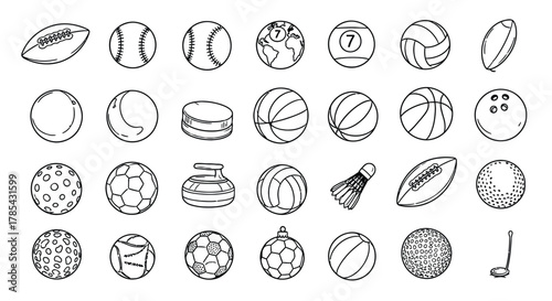 Collection of various sport balls doodle illustration vector design