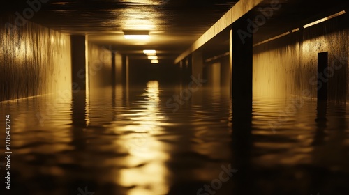 Fototapeta Naklejka Na Ścianę i Meble -  Submerged transportation tunnel with water and reflections